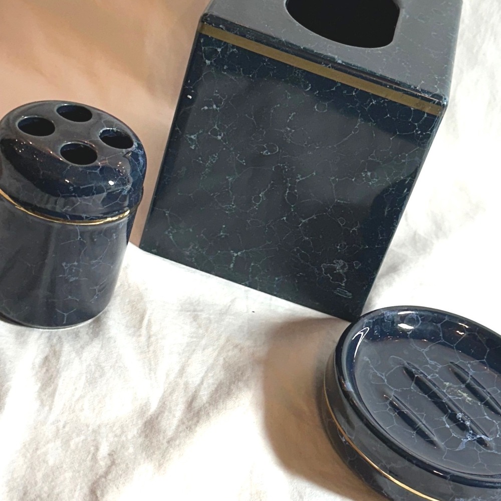 Vintage Unbranded Bathroom Accessory Set Navy Blue Exc Faux Marble Gold Trim MCM